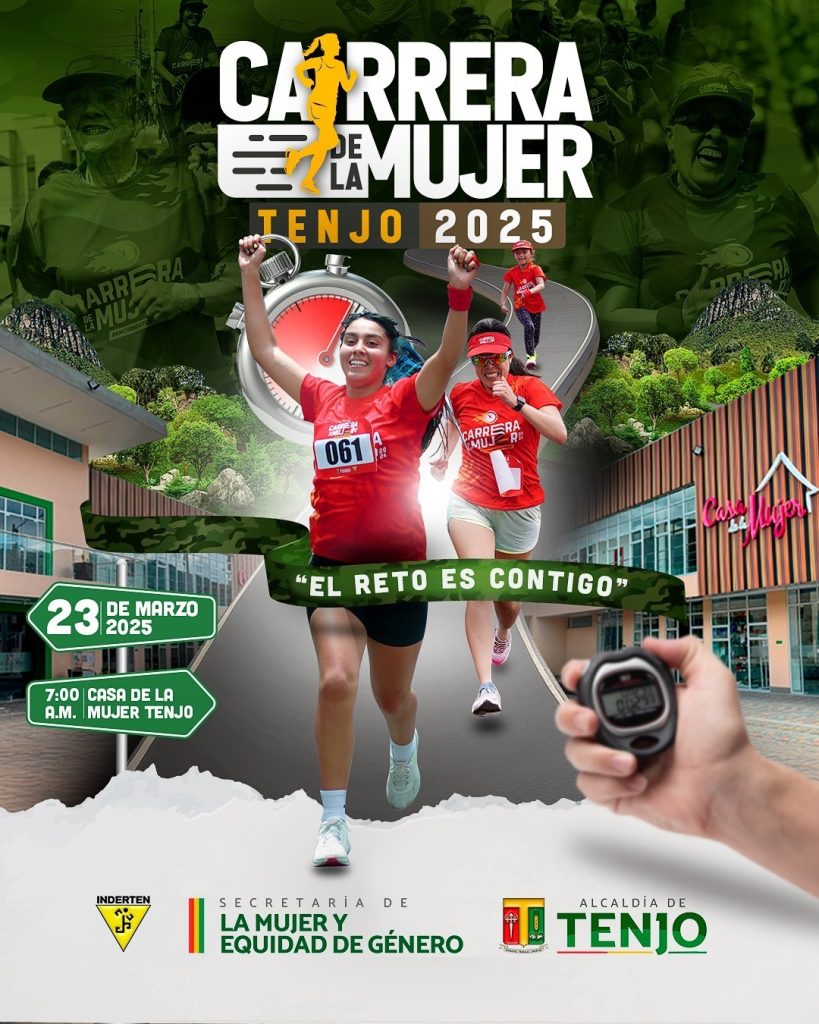 Afiche de la carrera de la mujer donde se ven dos mujeres vestidas de camiseta y pantaloneta roja llegando a la meta.