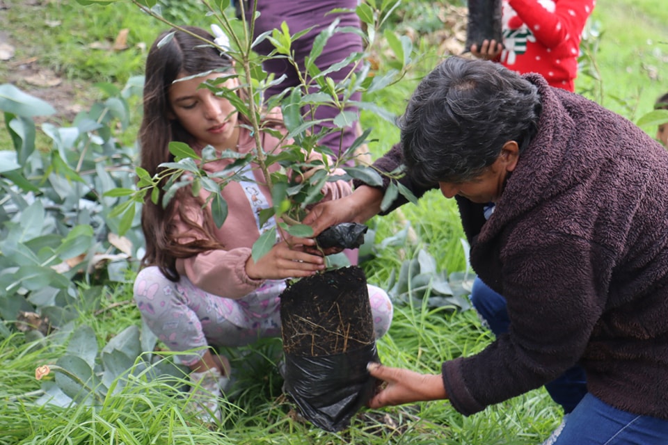 Mujer y niña están en un lote sembrando árboles.