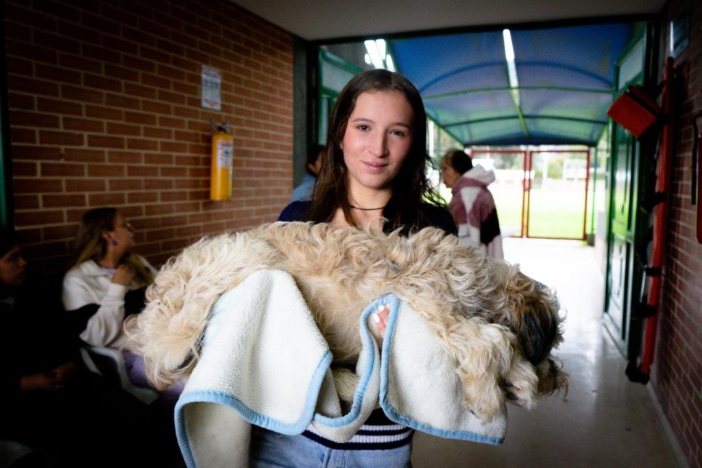 Mujer cargando a un perrito que acaba de ser esterilizado.