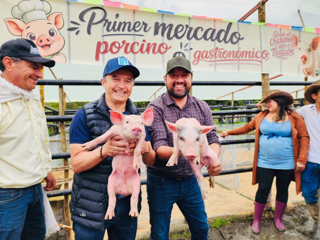 Criadores de porcinos en Úbala Cundinamarca dando muestra de las especies en una feria