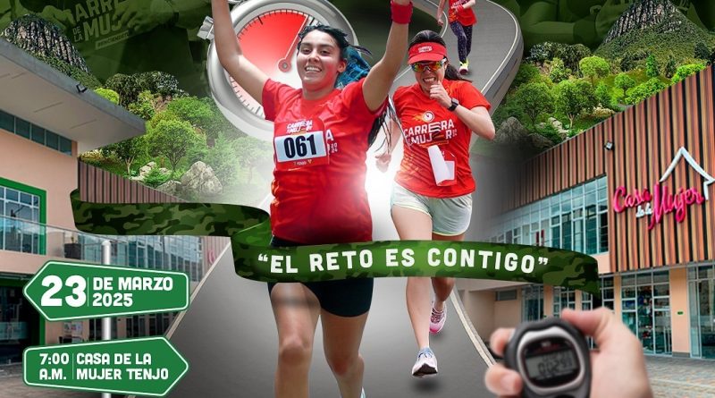 Afiche de la carrera de la mujer donde se ven dos mujeres vestidas de camiseta y pantaloneta roja llegando a la meta.