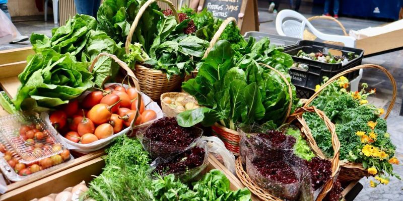 En una mesa se exponen productos del campo, como frutas, verduras y aromáticas. 