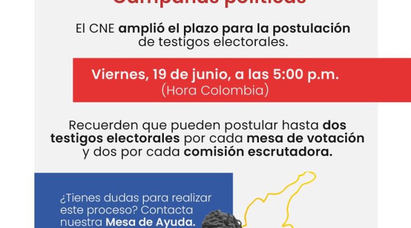 Imagen de la CNE ampliando plazo para inscripción de testigos electorales